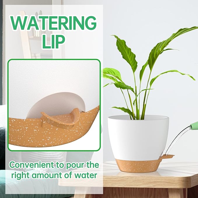 ZMTECH 10 Inch Plant Pots Set of 2 Planters for Indoor Plants Self Watering Pots Flower Pots with Drainage Holes and Saucer for Outdoor Plants(White with Brown)
