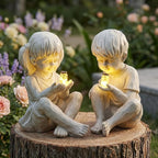 Large Garden Children Statues Light Up Firefly Jar Solar Powered | Set of 2 Figurines | Girl & Boy Garden Yard Art Décor, Indoor & Outdoor Ornament Gifts for Lawn, Patio , 7.5" W x11. 8”H Cream Gift