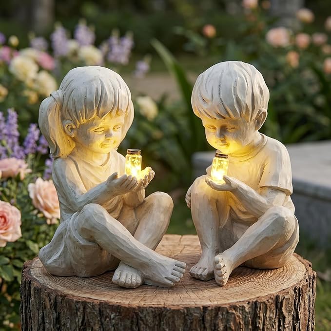 Large Garden Children Statues Light Up Firefly Jar Solar Powered | Set of 2 Figurines | Girl & Boy Garden Yard Art Décor, Indoor & Outdoor Ornament Gifts for Lawn, Patio , 7.5" W x11. 8”H Cream Gift