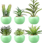 GREENTIME 6 Pcs Artificial Succulent Plants Bulk in Mini Ceramic Pots Small Fake Succulent Plant Faux Indoor Decor Bedroom Desk Bathroom Office Living Room Table Shelf Home Decoration (Green)