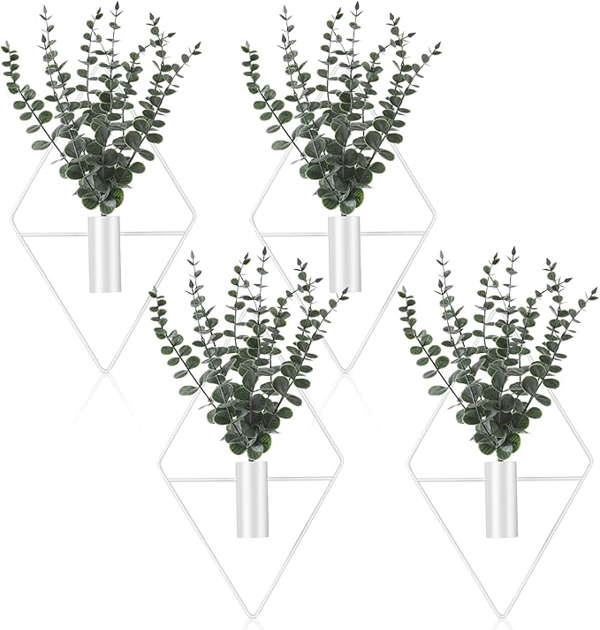 Jexine 8 Pcs Hanging Planters with Artificial Eucalyptus Metal Hanging Vase Indoor Plants Holder Modern Geometric Boho Bathroom Wall Decor for Living Room Home Office (Eucalyptus,White)