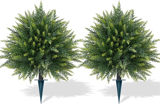 Artificial Cedar Topiary Trees with Ground Spike, 2 Pieces Fake Pine Shrubs Bushes, UV Resistant Faux Evergreen Cypress Tree Plants for Indoor Outdoor Planters Front Porch