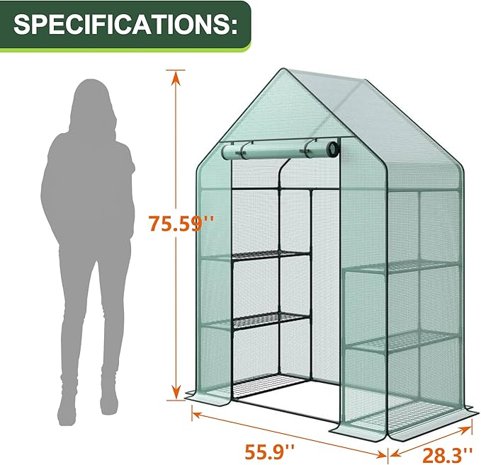3 Tier 6 Shelves Mini Walk-in Greenhouse, 56 x 28 x 76 inch, Durable PE Cover Green House Kit with Anchors and Ropes, Outdoor Plant Gardening Hot House for Growing Vegetables, Flowers