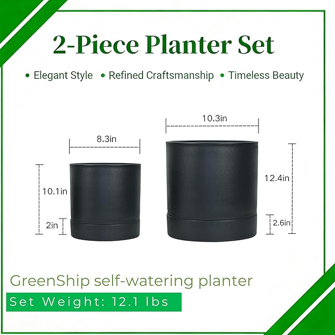 GreenShip Planter Set of 2 (9.8" & 7.8") – Dual-Use Self-Watering or Traditional Indoor Cylinder Flower Pots with Saucers & Side Drainage – Durable Lightweight Clay & Resin Blend