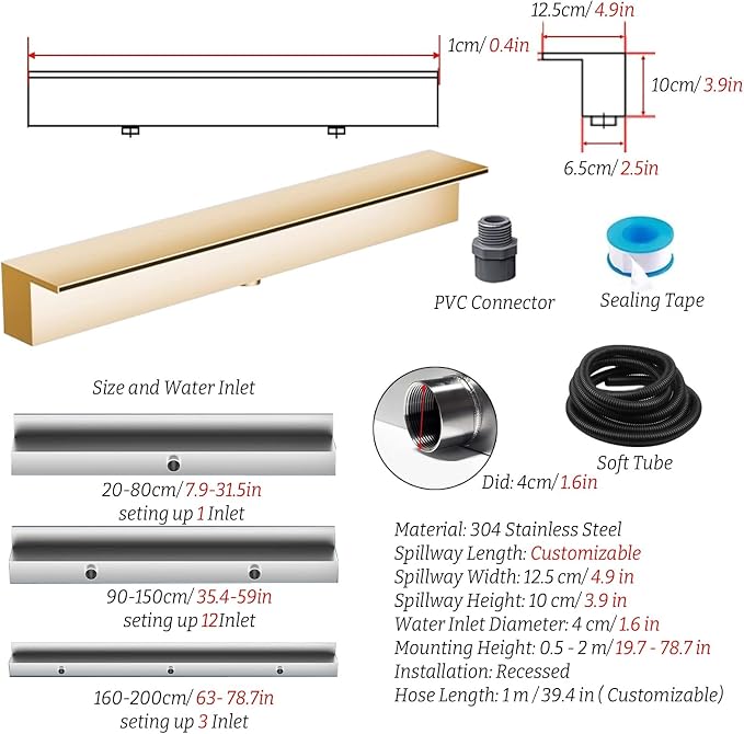 Pond Spillway 20-200cm, Waterfall Overflow Kit with 1m Soft Tube, Sealing Tape & PVC Connector, Wide Outlet 140cm for Garden Waterfalls & Ponds