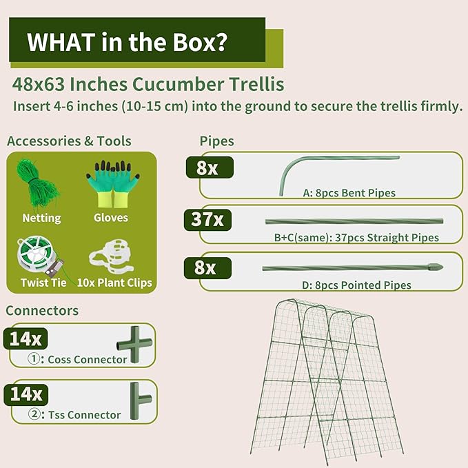 Miory Cucumber Trellis, 63" Tall U Shape Trellis for Raised Bed, Garden Arch Trellis for Climbing Plants Outdoor, Plant Support for Vegetables Vines, Steel with PE Coated (48“Lx32”Wx63“H)