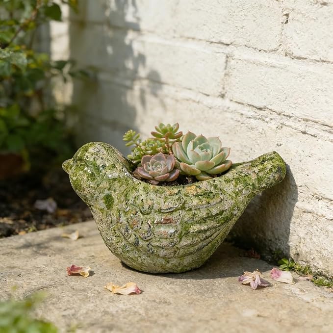 Vintage Cement Animal Planter Pots,Cement Succulent Planter,Indoor & Outdoor Garden Decor Rustic Shabby Flower Plants for Home,Patio,Balcony(Green Bird)