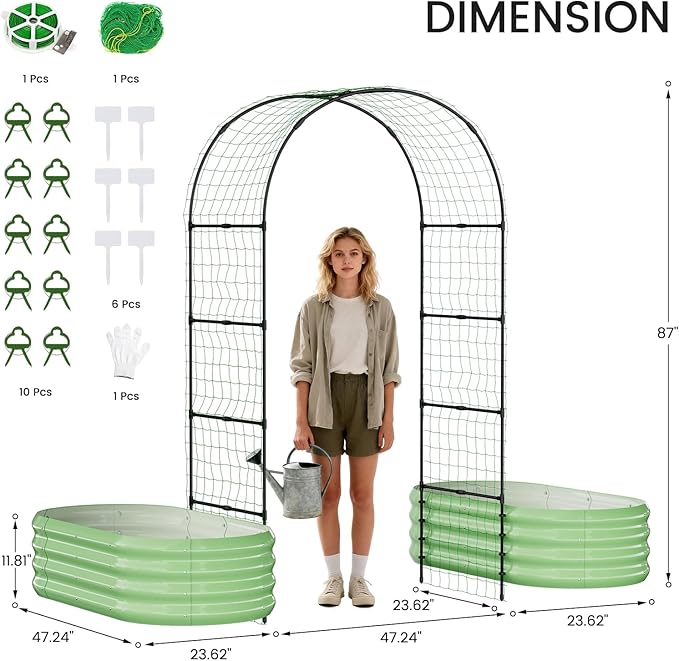 3 in 1 Galvanized Raised Garden Bed with 87" H Arch Trellis for Climbing Plants, Outdoor Gardening Planter Box with Climbing Net for Flower Vegetables Fruits Herbs, Green