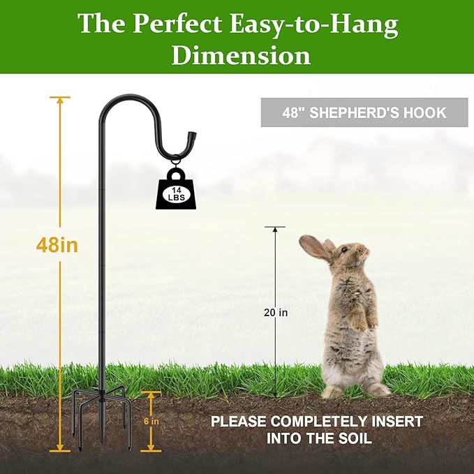 Shepherds Hooks for Outdoor, 48 Inches Garden Bird Feeder Pole for Hanging Bird Feeder, Plant Baskets, Solar Light Lanterns, Outdoor Plant Hanger Hook with 5 Base Prongs, 2 Packs