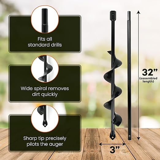 Auger Post Hole Digger 3" Wide 32" Deep - Earth Auger - Trench Digger - Hole Digger Tool for Fence Posts - Electric Post Hole Digger Handles