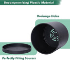 D'vine Dev 12 Inch Plastic Planter Pots for Plant Pot with Drainage Hole and Seamless Saucers, Black Color, 74-X-B-3