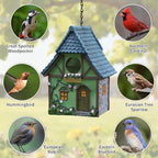 Bird Houses for Outside Cottage Garden Birdhouse –Green Resin Birdhouses for Outdoors with Flower and Stone Details for Bluebird Finches Cardinals Bird Nesting Garden, Patio, Yard