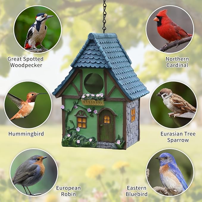 Bird Houses for Outside Cottage Garden Birdhouse –Green Resin Birdhouses for Outdoors with Flower and Stone Details for Bluebird Finches Cardinals Bird Nesting Garden, Patio, Yard