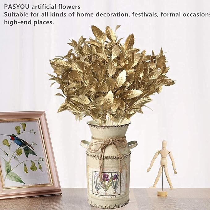 PASYOU Artificial Golden Plants Decor, Plastic Grass Fake Shrubs Simulation Leaves for Indoor Outdoor Home Garden Planter Filler Party Verandah Wedding Faux DIY Decoration - Gold 6 Pack
