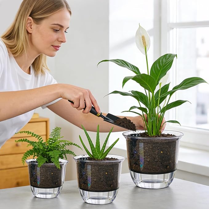 Self Watering Pots, 3 Pack 5 Inch Clear Plant Pot Self Watering Planter Flowers Pot with Deep Reservoir for Indoor Plants (3 Medium)