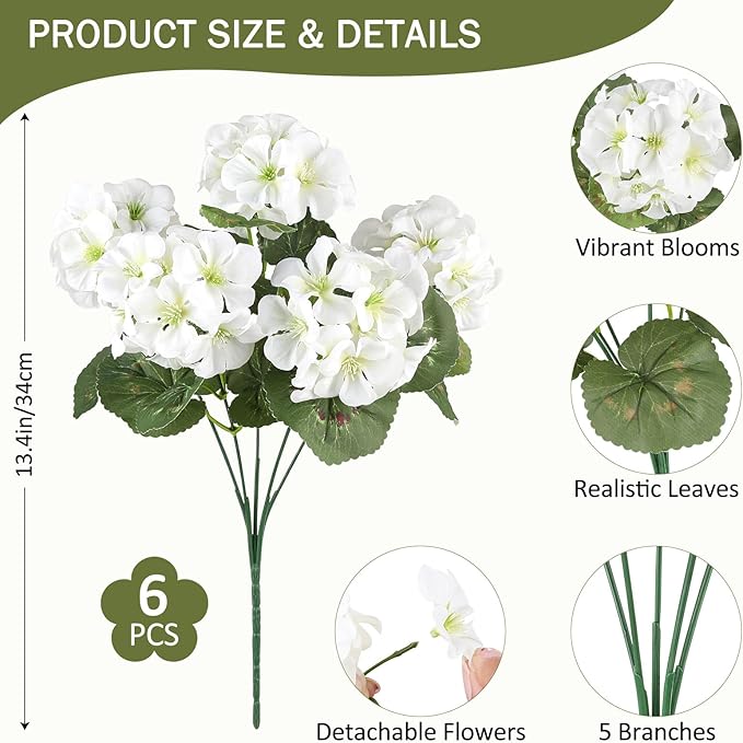 6 Bundles White Artificial Geranium Flowers for Outdoors Spring Decor Geraniums Silk Flowers UV Resistant Lifelike Faux Flowers for Spring Indoor Outdoor Garden Patio Porch Balcony Home Decoration