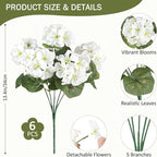 6 Bundles White Artificial Geranium Flowers for Outdoors Spring Decor Geraniums Silk Flowers UV Resistant Lifelike Faux Flowers for Spring Indoor Outdoor Garden Patio Porch Balcony Home Decoration
