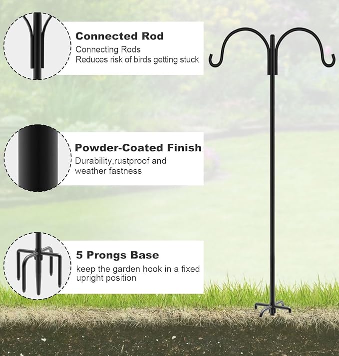 Artibear Double Shepherd Hooks for Outdoor, 60" Heavy Duty Bird Feeder Hangers Garden Hooks with 5-Prong Base, Outside Hanging Pole for Plant Baskets, Solar Light Lanterns, Wind Chimes, 2 Pack