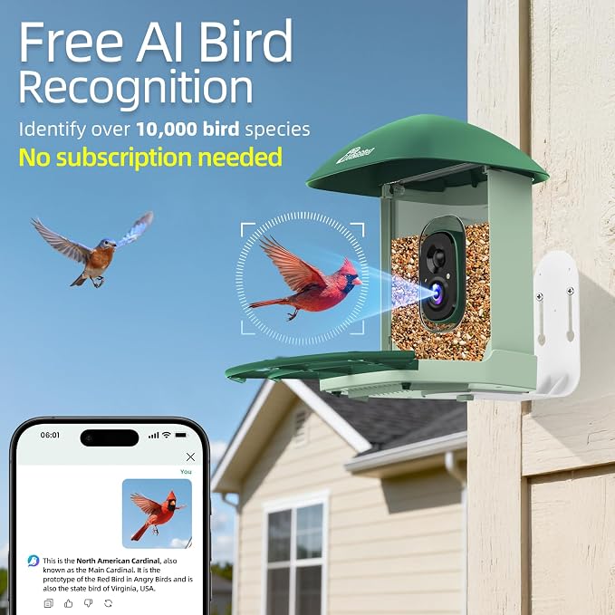 Smart Bird Feeder with 4MP HD Camera, Birdwatching Camera with Free AI Identify Birds & Solar Panel for Outdoors, Auto Video Capture & Instant Notifications,for Dad Granpa Birdlovers,Green