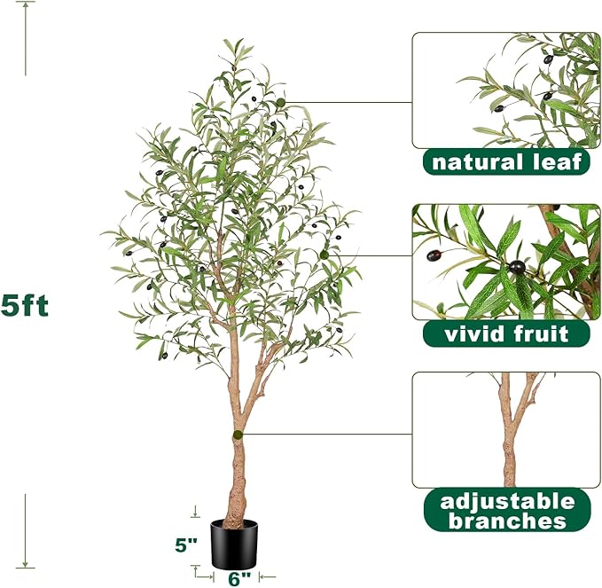 5FT Artificial Olive Tree, Faux Olive Tree with Realistic Leaves and Natural Trunk, Potted Fake Olive Tree for Home, Living Room, Office Decor