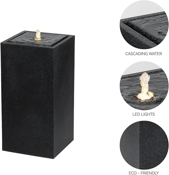 25.98” H Outdoor Water Fountain Made with Eco-Friendly Recyclable Materials, Polyethylene Square Bubbler Outdoor Fountain, Garden Decor with LED Light for Patio, Porch, Backyard (25.98”)