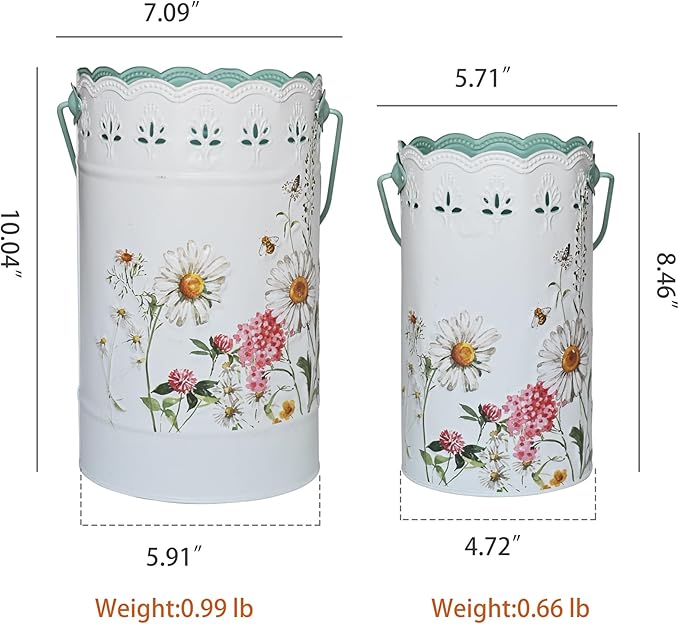 Set of 2 Farmhouse Floral Metal Flower Bucket Vase, Rustic Embossed Daisy Bee Design Planter with Hollowed-Edge, Decorative Pot for Indoor Outdoor Home Garden, Kitchen, Patio
