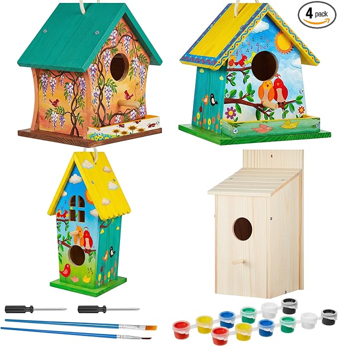 Liliful 4 Pack Birdhouse Crafts for Kids, Wooden Creative DIY Bird House Kits Arts and Crafts Set for Kids and Adults, Spring Birthday Gifts for Toddlers Ages (Holiday Style)