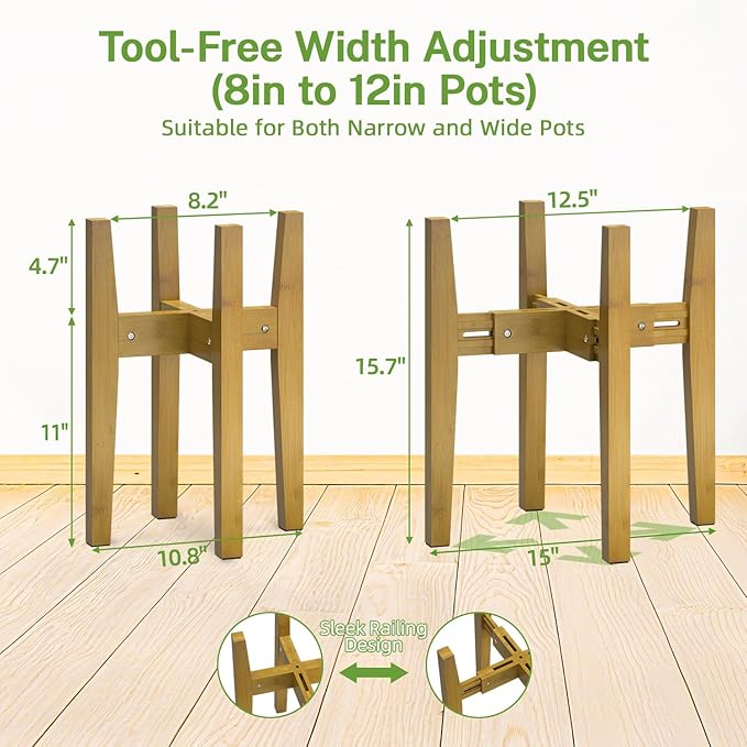 iDavosic.ly Adjustable Plant Pot Stand 2 Pack Indoor Outdoor, Mid Century Modern Bamboo Short Single Flower Holder Fits 8 to 12 Inch Large Heavy Duty Planter (Not Included) | Brown