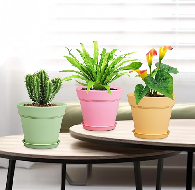 Meowell 6 inch Plastic Nursery Pots, 16 Pack Plant Pots for Indoor Outdoor Plants, Flower Pots with Drainage Holes and Saucers, Decorative Seedling Starter Planters for House Plants, Colorful