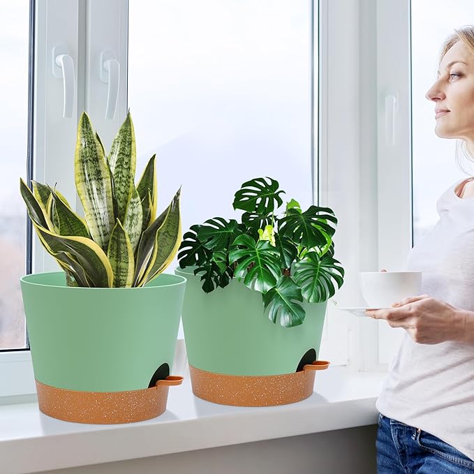 YNNICO 12 Inches Indoor Self Watering Planters with Drainage Holes and Saucers, 4 Pack (Green)