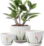 STHIE Ceramic Plant Pots with Drainage Holes and Saucers, Round White Flower Pots for Indoor Plant, Diameter 3.3/4.3/5.5 Inches Small Flower Planters Set of 3