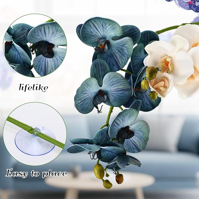 Chuangdi 2 Pcs Artificial Phalaenopsis with Suction Cups Terrarium Plant Decoration Reptile Habitat Plant Decor for Hermit Crab Lizards Geckos Snake(Teal Blue,White,Classical)