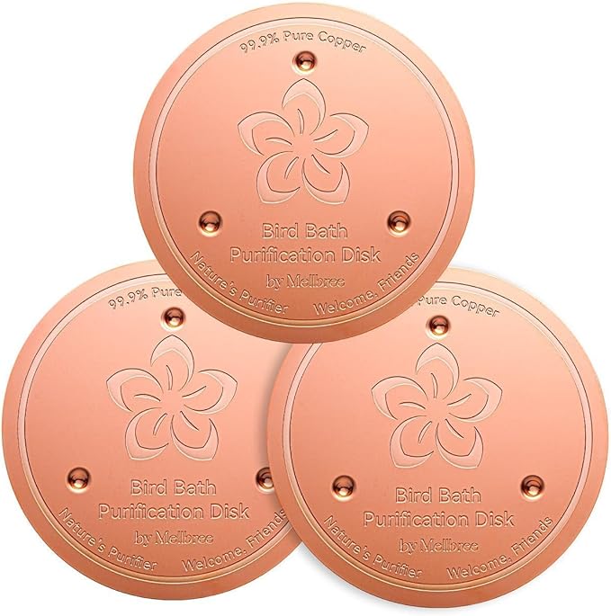 Mellbree 3-Pack Bird Bath Copper Disc, 0.6mm Reinforced 99.99% Pure Copper Cleaning Disk with Triple-Point Support for Physical Safe Clean Water All-Season (Flower)