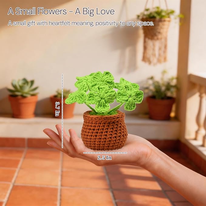 Handmade Positive Crochet Flowers, Four-leaf Clover Gifts - Good Luck, New Job, New Business, Encouragement Gifts for Coworker, Boss, Friends - Emotional Support Crochet Plants for Desk Decor