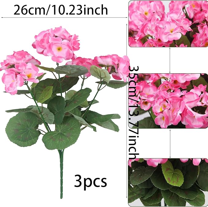 CITYES 3 Pcs Artificial Geraniums Flowers Silk Geraniums for Outdoors UV Resistant Pink Artificial Geranium Bush Faux Flowers Plant for Planter Garden Home Decor Indoor Patio Vase Table Centerpiece