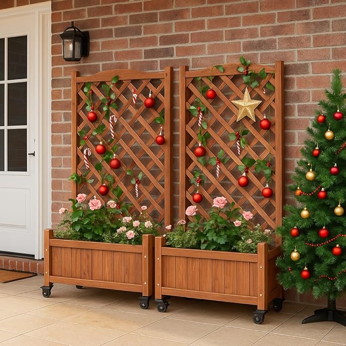 Upgraded 2-Pack 50" Tall Trellis Planter Box with Wheels, 49.8"H × 27.6"W × 13.0"D Solid Fir Wood Raised Garden Bed & Lattice Privacy Screen, Rolling Planter with Drainage for Patio/Garden
