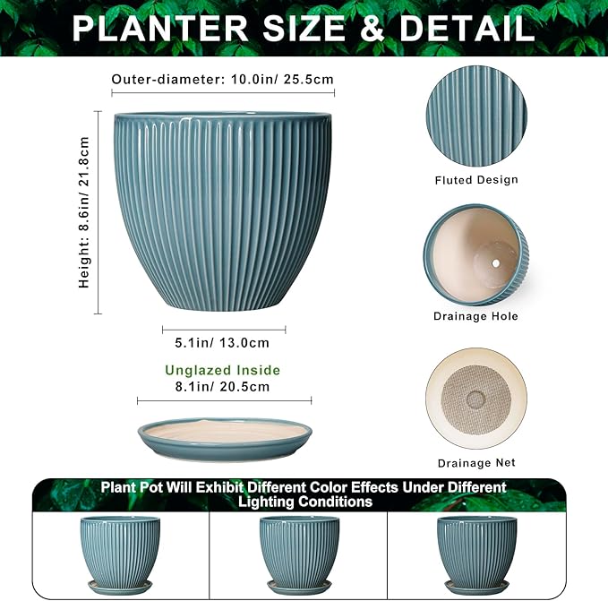 10 Inch Plant Pot, Ceramic Flower Pots with Drainage Hole and Saucer, Round Modern Planters for Indoor Plants, Decorative Plant Pots, Home Patio Decor, Plant Lover Gifts, Glaze Blue