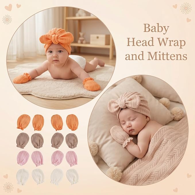 8 Sets Cotton Newborn Hats and Mittens,Ribbed Preemie Baby Girl Turban Beanie Cap with Top Bow Knot, No Scratch Gloves for 0-3 Months Hospital Bag Essentials.Wheat Patterned White/Pink/Apricot