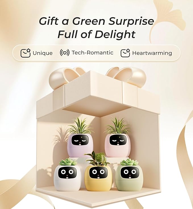 Smart Pet Planter, Smart Plant Pot, With Artificial Intelligence, Time Weather Display, And Multiple Expressions Animation,Lovely Plant Companion, For Desktop Decoration, Gifts,Plant-Free (Ivory)