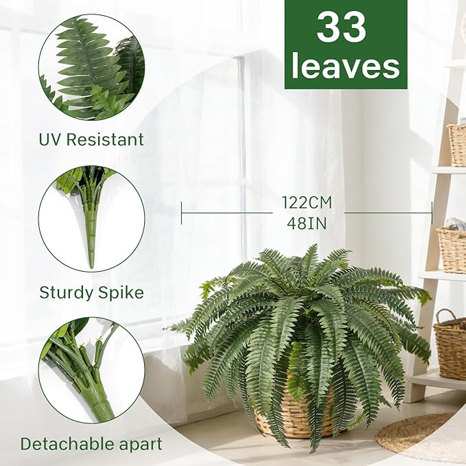 Set of 2 Large Artificial Boston Fern Plants, 48" Giant Faux Ferns with 33 Realistic Fronds, UV Resistant Fake Greenery for Outdoor Porch, Hanging Basket, Patio & Indoor Home Garden Decor
