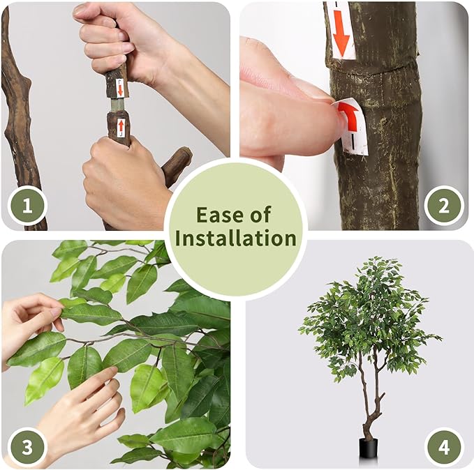 Artificial Ficus Tree 6ft(72in) Faux Floor Potted Tree for Indoor Decor Large Realistic Trees Plants with Silk Leaves and Natural Wood Trunk for Home Living Room,Office Foyer Decor.