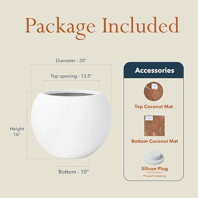 16" H x 20" D Premium Globo Fiberstone Round Planter with Drainage Hole, Smooth Finishes, Weather Resistant for Indoor and Outdoor Use, Included 2 Extra Coco Mats (White, 13.5" Pot Opening)