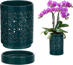 mwellewm Orchid Pot with Holes Ceramic Plant Pots Indoor Outdoor Flower Pots for Repotting with Drainage and Saucer 4 Inch Breathable Slotted Orchids Planter (Green)