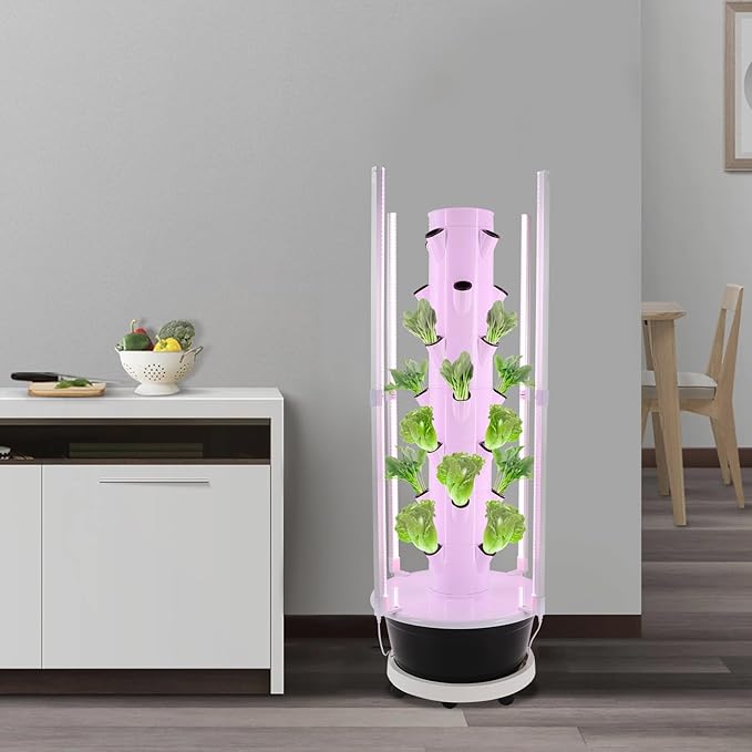 Growing Tower, 28-Plant Hydroponic Indoor Vertical Garden Kit with LED Lighting and 24-Hour Cycle Timer, Hydroponics Growing Tower for Gardens, Farms, School Research Rooms (White and Black)