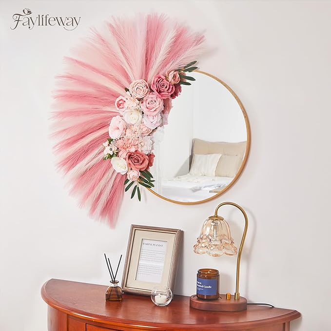50pcs Pampas Grass 17in for Living Room Decor, Blush Pink Pampas Grass Decor, Fluffy Pink Flowers for Home Birthday Bathroom Baby Shower Wall Bow Decor(Blush & Cream & Pink)