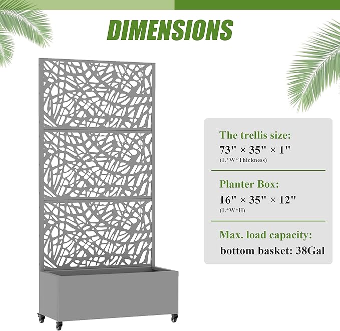 Casaphoria Metal Raised Garden Bed with Trellis and Wheels, 72"x35"x16" Planter Box for Climbing Plants, Vegetables & Vines, Features Drainage Holes and Privacy Screen, Grey-Net