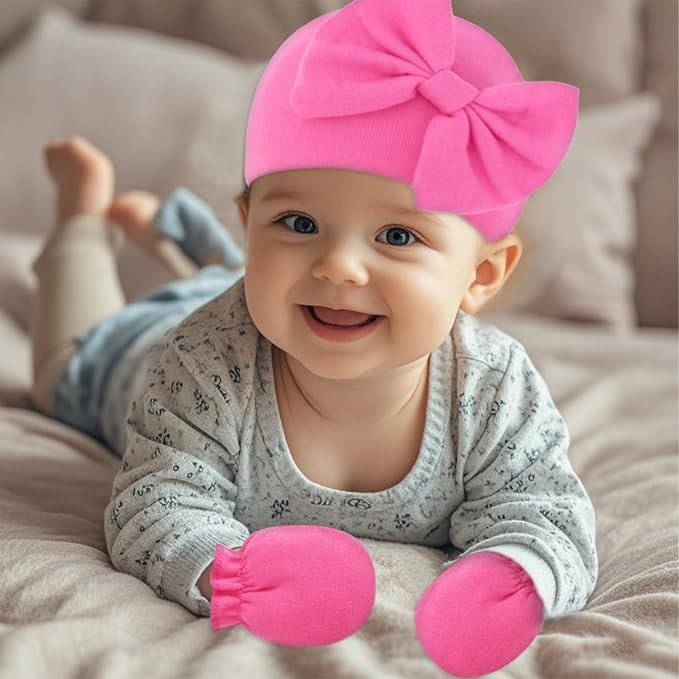 Newborn Baby Hats Mittens Sets Bow Infant Caps Gloves No Scratch Mitten Beanie Set for 0-6 Months Girls