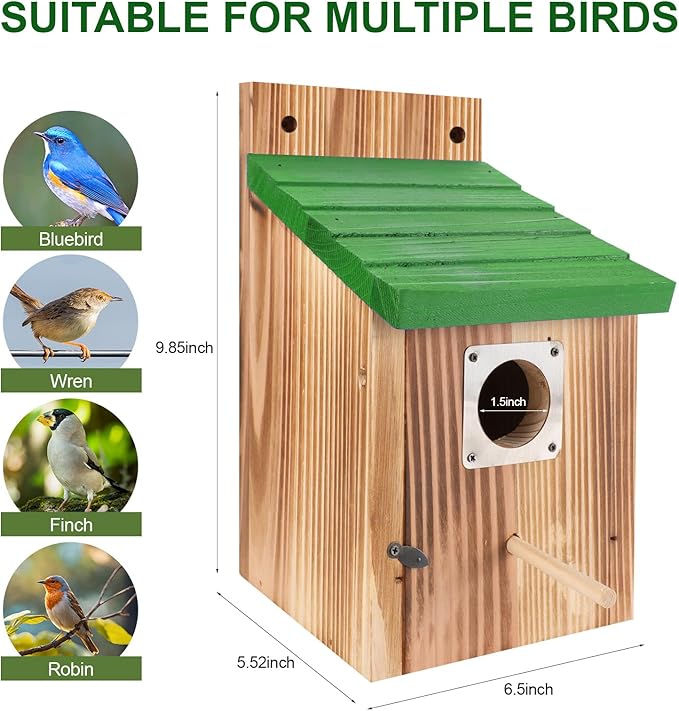 4-Pack Blue Wooden Bird Houses for Outdoors with Predator Guard, Bluebird Houses for Outside – Ideal for Bluebirds & Other Backyard Birds, Green