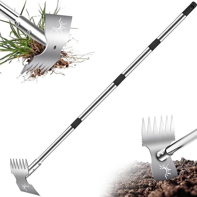 Weed Puller Tool with Long Handle, 60inch Manual Weed Puller Tool,2 in 1 Hand Weed Rake,Heavy Duty Garden Hoe,Uprooting Weeder Remover for Garden (Chrome(Stainless Steel), 60" Long Handle)