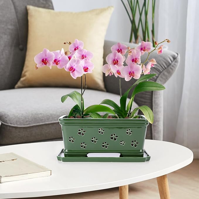 Ceramic Orchid Pot 10 * 4.3 * 4.3Inch Orchid Planter with Holes for Repotting Indoor Flower Plant Pot with Drainage and Saucer, Arctic Green